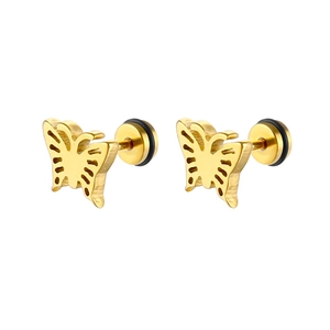 Detail of gold butterfly stud earrings featuring delicate hollow metalwork and screw back locks