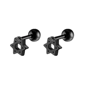 Pair of black hexagram stud earrings made of stainless steel with screw ball backs