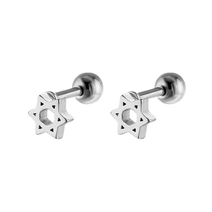 Macro shot of silver hexagram stud earrings with screw-back design and star details