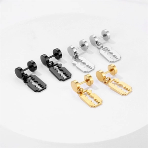 Three pairs of stainless steel razor blade drop earrings in black, silver and gold finish