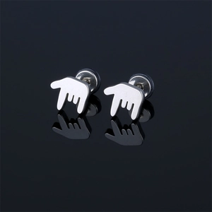 Sleek punk style stainless steel gesture stud earrings with a polished silver finish