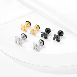 Minimalist stainless steel screw-back stud earrings in gold, silver, and black finishes
