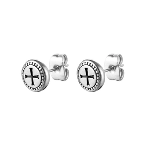 Retro Edelstahl-Ohrstecker mit schwarzem Kreuz und feiner Perlenrand-Verzierung