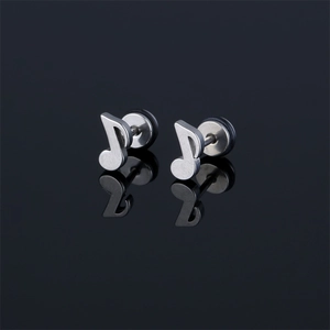 Polished stainless steel musical note screw stud earrings on a reflective black background