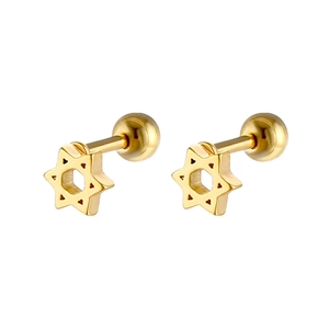 Detail of golden hexagram stud earrings with secure ball screw backs and steel finish