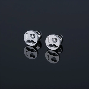 Polished silver titanium steel hoop earrings with cutout heart and mustache designs