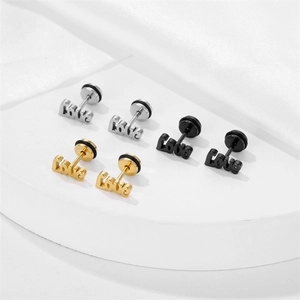 Three pairs of stainless steel Love stud earrings in gold, silver and black finishes