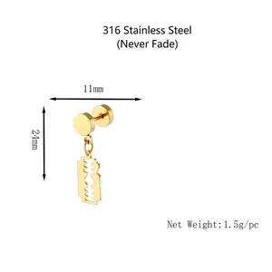 Unique gold stainless steel razor blade drop earring for men in modern punk style