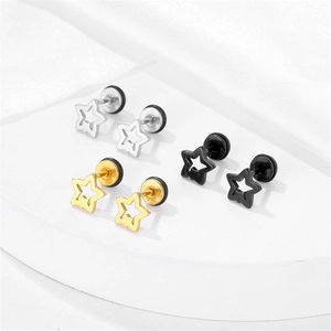 Minimalist stainless steel hollow star stud earrings in silver, gold, and black finishes