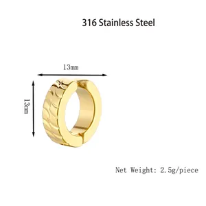 Polished 13mm gold stainless steel clip-on earring for non-pierced ears with wave texture