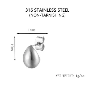 Polished silver teardrop stud earring in 316L stainless steel, size 14x10mm