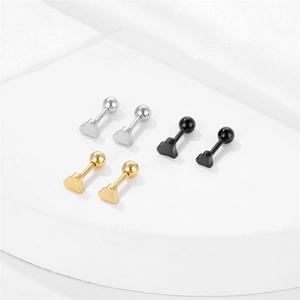 Three pairs of heart shaped stainless steel stud earrings in silver, gold, and black finishes