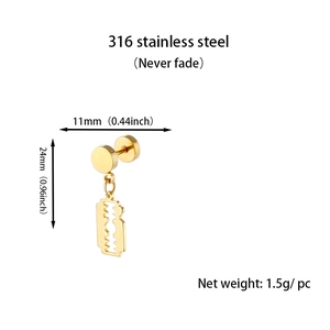 Detail showing 316 stainless steel 18K gold razor blade earring dimensions and texture