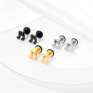 Three pairs of musical note stud earrings in black, gold, and silver stainless steel