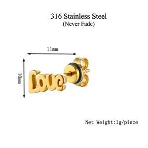 Golden 316 stainless steel LOVE letter stud earring, 11mm minimalist jewelry for women