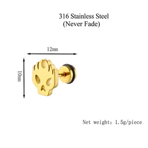 Gold 316L stainless steel angry face stud earring, 10x12mm punk style jewelry for unisex
