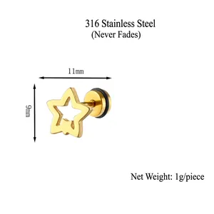 Minimalist 316 stainless steel hollow double star earrings for women in golden finish