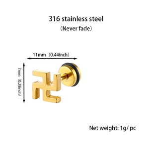 Detailed view of 316L gold stainless steel swastika stud earrings with size dimensions