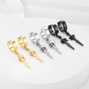 Vintage stainless steel sword dangle earrings set in gold, silver and black finishes