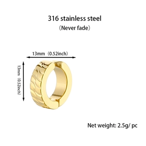 Detailed specs of 13mm gold stainless steel clip earrings with weight and size data