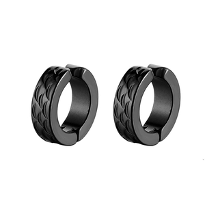 Matte black stainless steel hoop earrings with scale pattern on white background