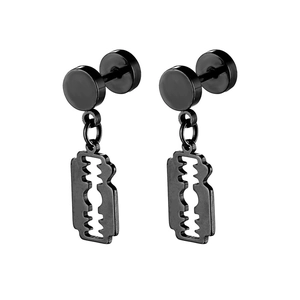 Men's hip-hop style matte black stainless steel stud earrings with razor blade pendant
