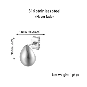 Minimalist silver water drop earrings in 316 stainless steel with product dimensions