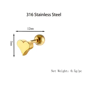 Elegant 316 stainless steel heart stud earrings in gold finish with screw ball back