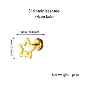 Detailed view of hollow double star stud earrings in gold stainless steel with 11mm size