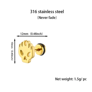 Detailed view of gold skull stud earring in 316 stainless steel with size measurements