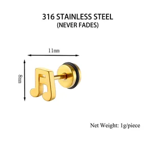 Golden music note studs in 316 stainless steel with 11x8mm dimensions on white background