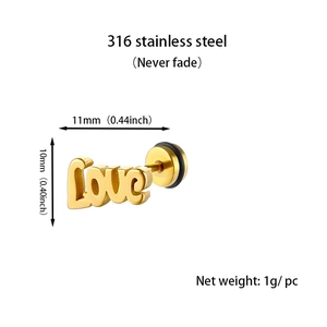 Detailed technical view of 316L gold LOVE studs with 11mm measurements and weight