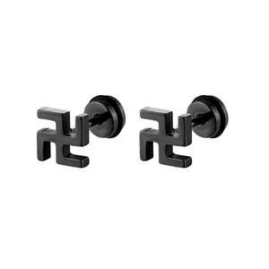 Polished black stainless steel stud earrings with religious swastika design for men and women