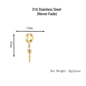 Golden 316 stainless steel hoop earrings with dagger pendant for street fashion style