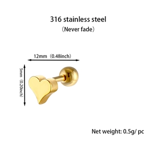 Macro view of golden 316 stainless steel heart stud with 12mm length and 0.5g weight