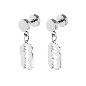 Macro shot of silver stainless steel razor blade drop earrings with hollow design