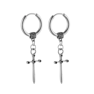 Retro stainless steel cross sword drop earrings with black stones for men and women