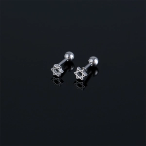 Sleek silver star hexagon ear studs in polished stainless steel with mirror reflection