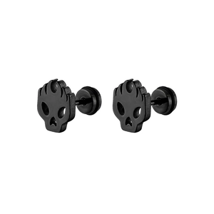 Detail of matte black stainless steel skull stud earrings with secure screw back design