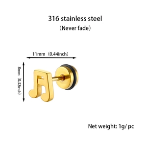Detailed view of musical note gold stud earrings made of 316L stainless steel with dimensions
