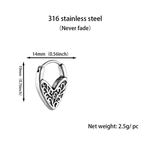 Vintage heart shaped stainless steel huggie hoop earrings with retro vine pattern