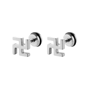 Macro shot of silver stainless steel screw back earrings with Swastika design details