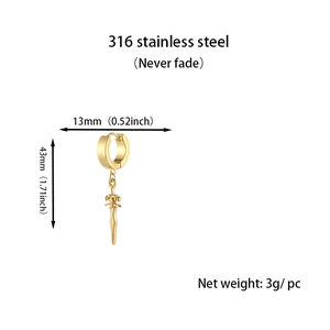 Detailed view of golden 316L stainless steel sword drop earrings with measurements