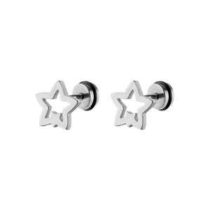 Macro detail of silver stainless steel earrings featuring a hollow double star design