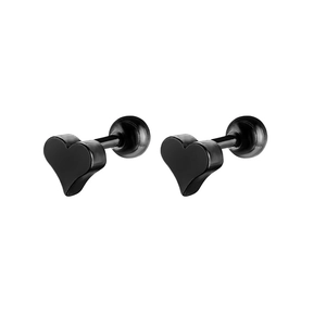 Minimalist black heart stud earrings in polished stainless steel with screw-back design