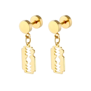Detailed view of gold blade pendant earrings with polished finish and hollow cut-outs