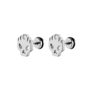 Detailed view of silver stainless steel skull fire earrings with punk style texture
