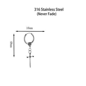 Stainless steel cross sword drop earrings with vintage engraved hoops for men