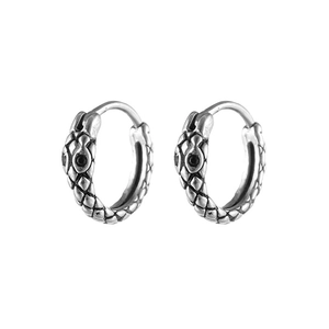 Vintage silver snake scale hoop earrings with black gemstone for men and women