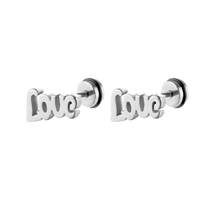 Detailed macro view of polished silver Love letter studs with sleek metallic finish
